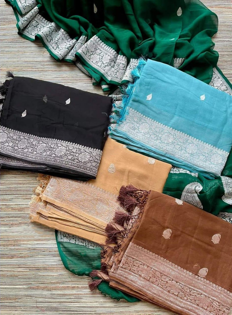 Zynah Pure Banarasi Handloom Khaddi Georgette Saree with Zari Border & Butis; Custom Stitched/Ready-made Blouse, Fall, Petticoat; Shipping available USA, Worldwide