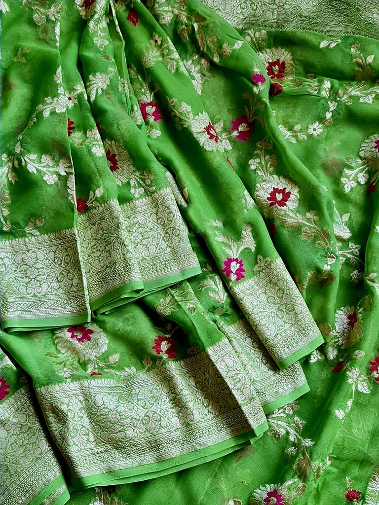 Zynah Pure Khaddi Georgette Banarasi Saree with Golden Zari and Meenakari Weaved Motifs; Custom Stitched/Ready-made Blouse, Fall, Petticoat; Shipping available USA, Worldwide