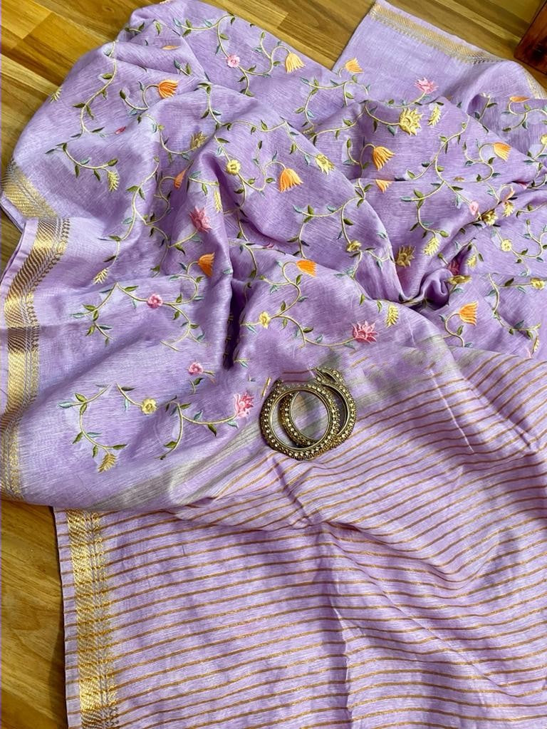 Zynah Silk Linen saree with Jaal Embroidery; Custom Stitched/Ready-made Blouse, Fall, Petticoat; Shipping available USA, Worldwide