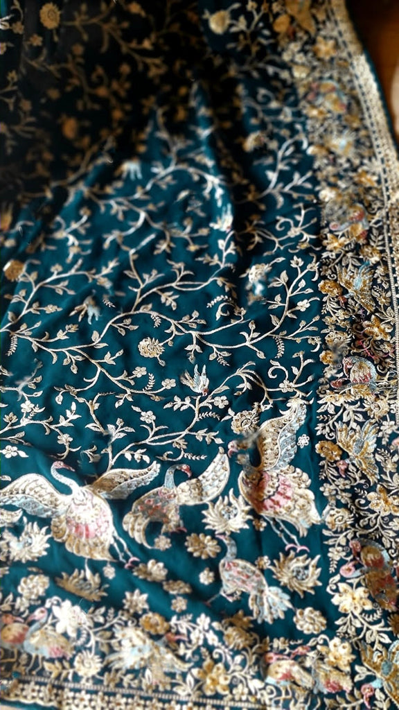 Zynah Pure Georgette Saree with Heavy Embroidery & Swarovski Stone Work; Custom Stitched/Ready-made Blouse, Fall, Petticoat; Shipping available USA, Worldwide