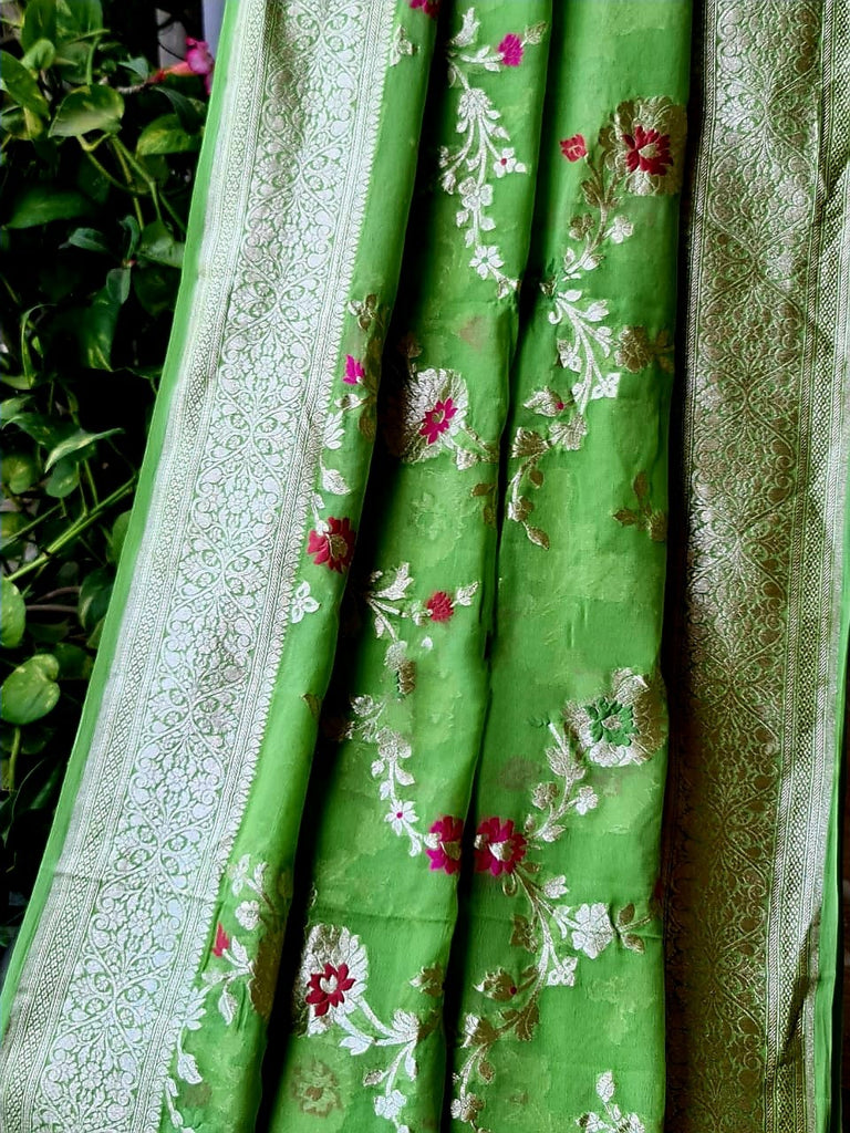 Zynah Pure Khaddi Georgette Banarasi Saree with Golden Zari and Meenakari Weaved Motifs; Custom Stitched/Ready-made Blouse, Fall, Petticoat; Shipping available USA, Worldwide