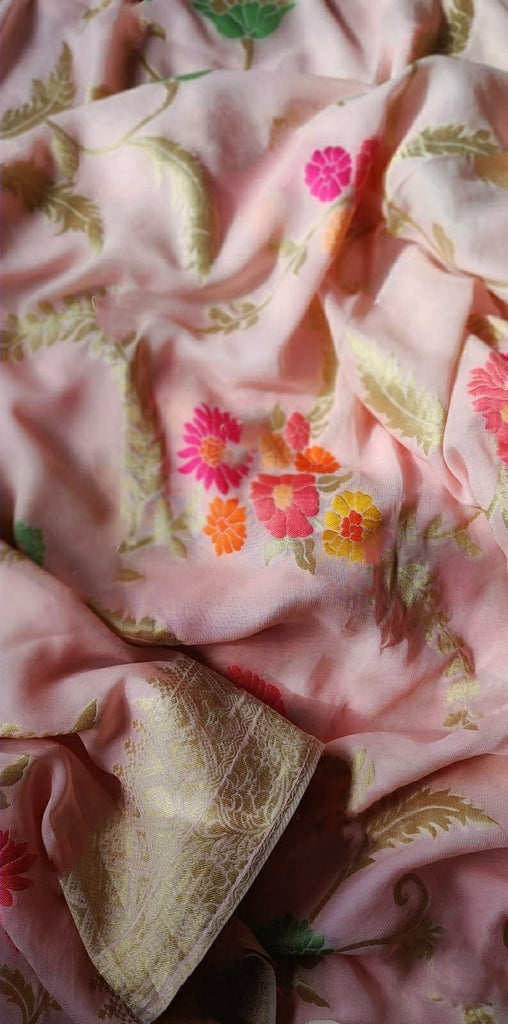 Zynah Pure Khaddi Georgette Saree with Golden Zari & Meenakari Weave; Custom Stitched/Ready-made Blouse, Fall, Petticoat; Shipping available USA, Worldwide