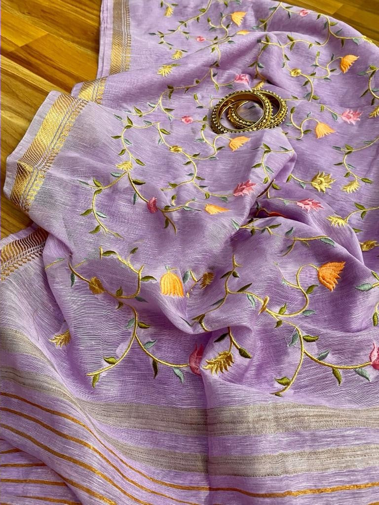 Zynah Silk Linen saree with Jaal Embroidery; Custom Stitched/Ready-made Blouse, Fall, Petticoat; Shipping available USA, Worldwide