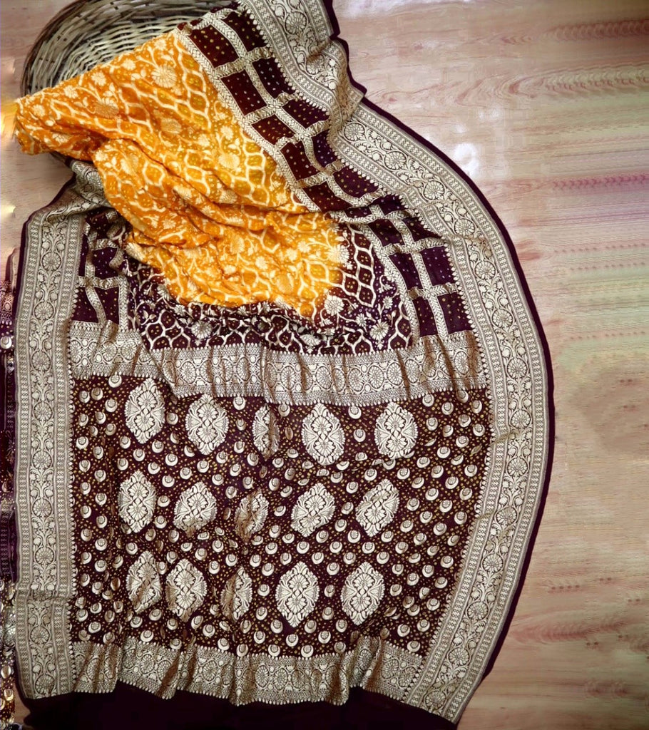 Zynah Khaddi Georgette Saree with Bandhani Prints, Antique Zari Weave; Custom Stitched/Ready-made Blouse, Fall, Petticoat; Shipping available USA, Worldwide
