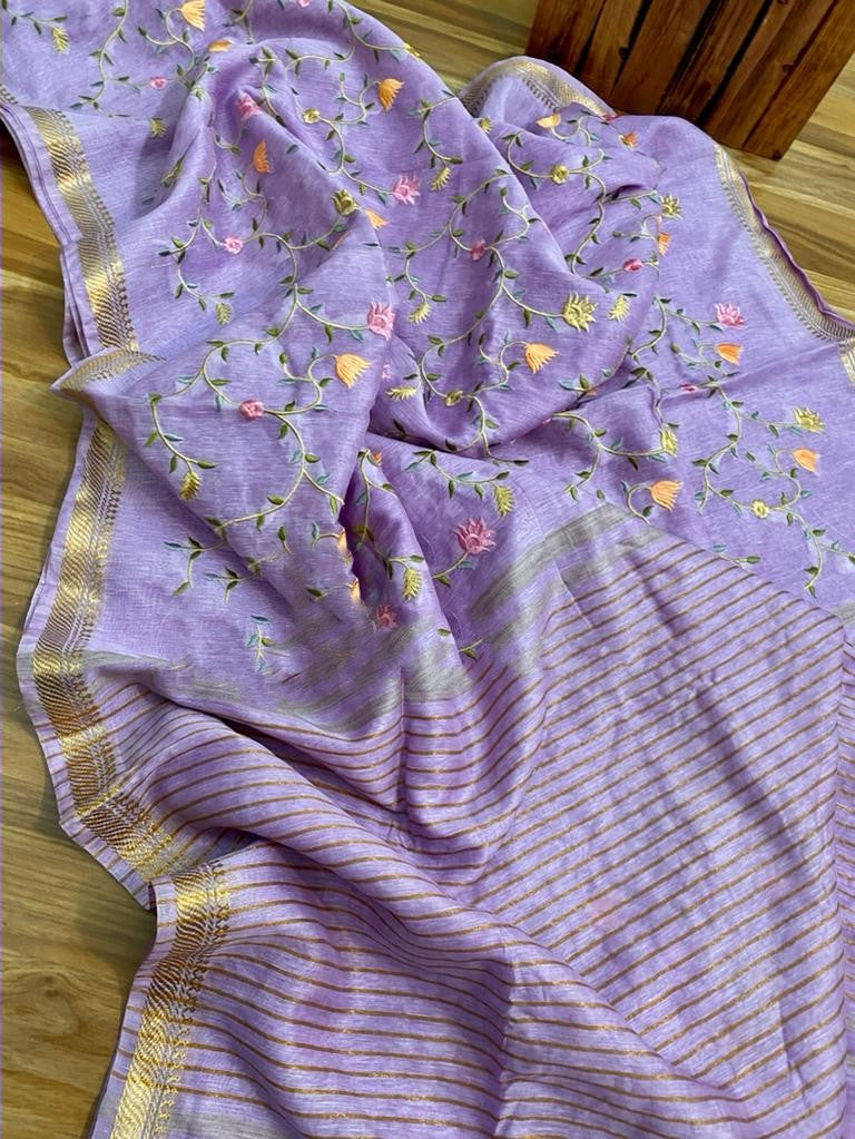 Zynah Silk Linen saree with Jaal Embroidery; Custom Stitched/Ready-made Blouse, Fall, Petticoat; Shipping available USA, Worldwide