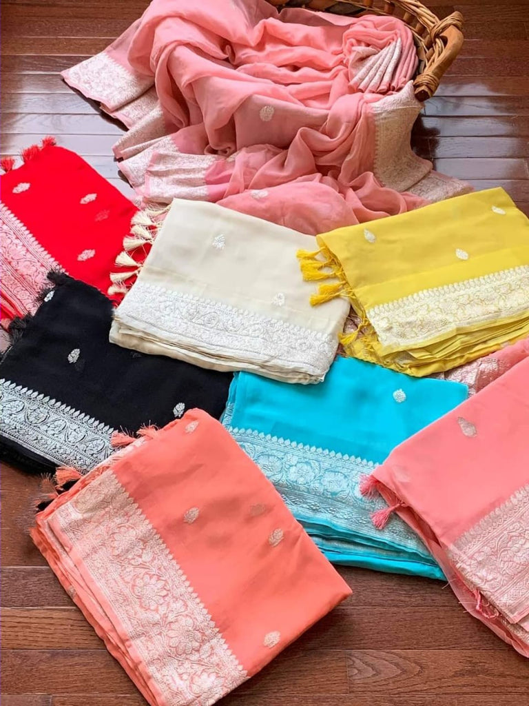 Zynah Pure Banarasi Handloom Khaddi Georgette Saree with Zari Border & Butis; Custom Stitched/Ready-made Blouse, Fall, Petticoat; Shipping available USA, Worldwide