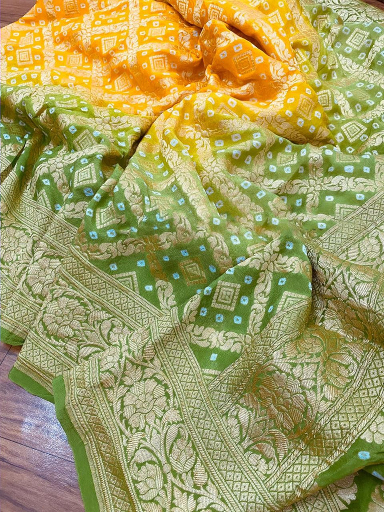 Zynah Khaddi Georgette Saree with Bandhani Prints, Antique Zari Weave; Custom Stitched/Ready-made Blouse, Fall, Petticoat; Shipping available USA, Worldwide