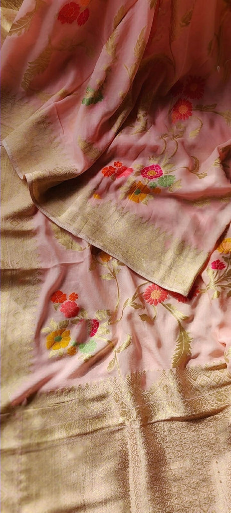 Zynah Pure Khaddi Georgette Saree with Golden Zari & Meenakari Weave; Custom Stitched/Ready-made Blouse, Fall, Petticoat; Shipping available USA, Worldwide