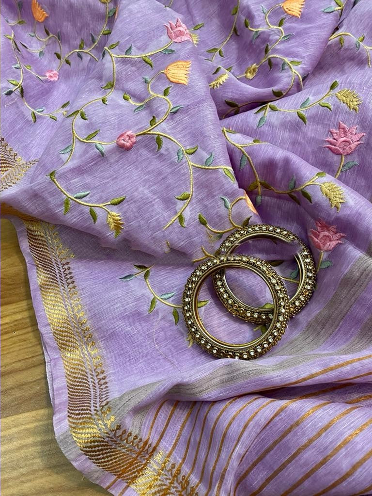 Zynah Silk Linen saree with Jaal Embroidery; Custom Stitched/Ready-made Blouse, Fall, Petticoat; Shipping available USA, Worldwide
