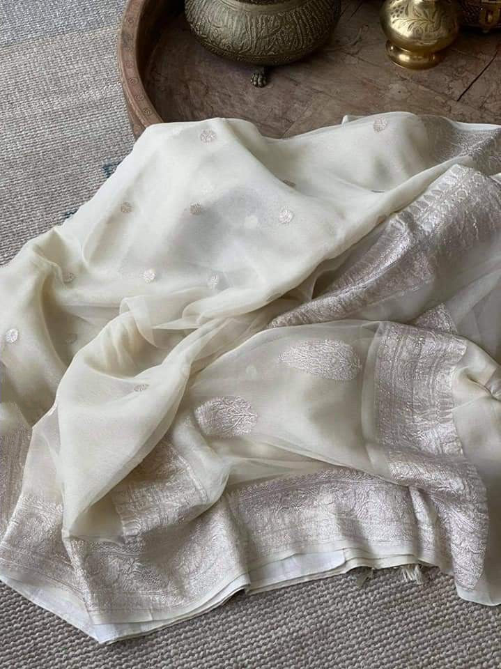 Zynah Pure Banarasi Handloom Khaddi Georgette Saree with Zari Border & Butis; Custom Stitched/Ready-made Blouse, Fall, Petticoat; Shipping available USA, Worldwide