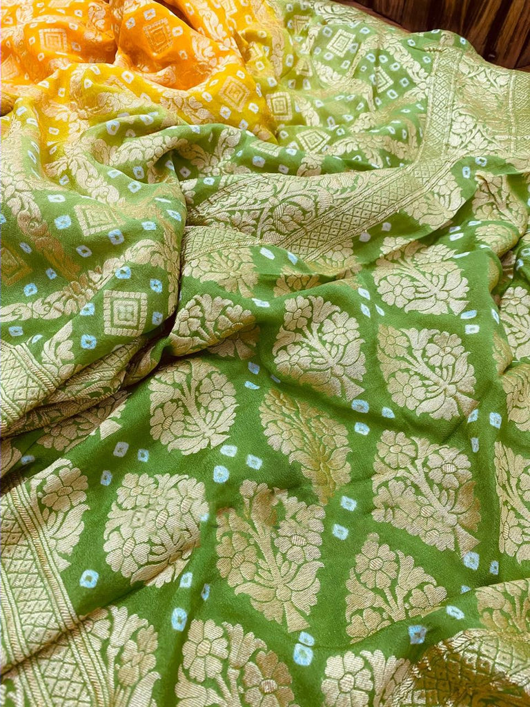 Zynah Khaddi Georgette Saree with Bandhani Prints, Antique Zari Weave; Custom Stitched/Ready-made Blouse, Fall, Petticoat; Shipping available USA, Worldwide