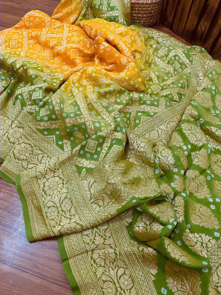 Zynah Khaddi Georgette Saree with Bandhani Prints, Antique Zari Weave; Custom Stitched/Ready-made Blouse, Fall, Petticoat; Shipping available USA, Worldwide