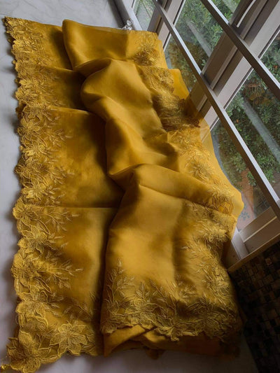 Zynah Pure Organza Saree with Cutwork & Embroidery; Custom Stitched/Ready-made Blouse, Fall, Petticoat; Shipping available USA, Worldwide