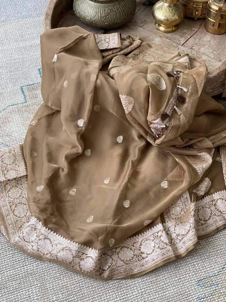 Zynah Pure Banarasi Handloom Khaddi Georgette Saree with Zari Border & Butis; Custom Stitched/Ready-made Blouse, Fall, Petticoat; Shipping available USA, Worldwide