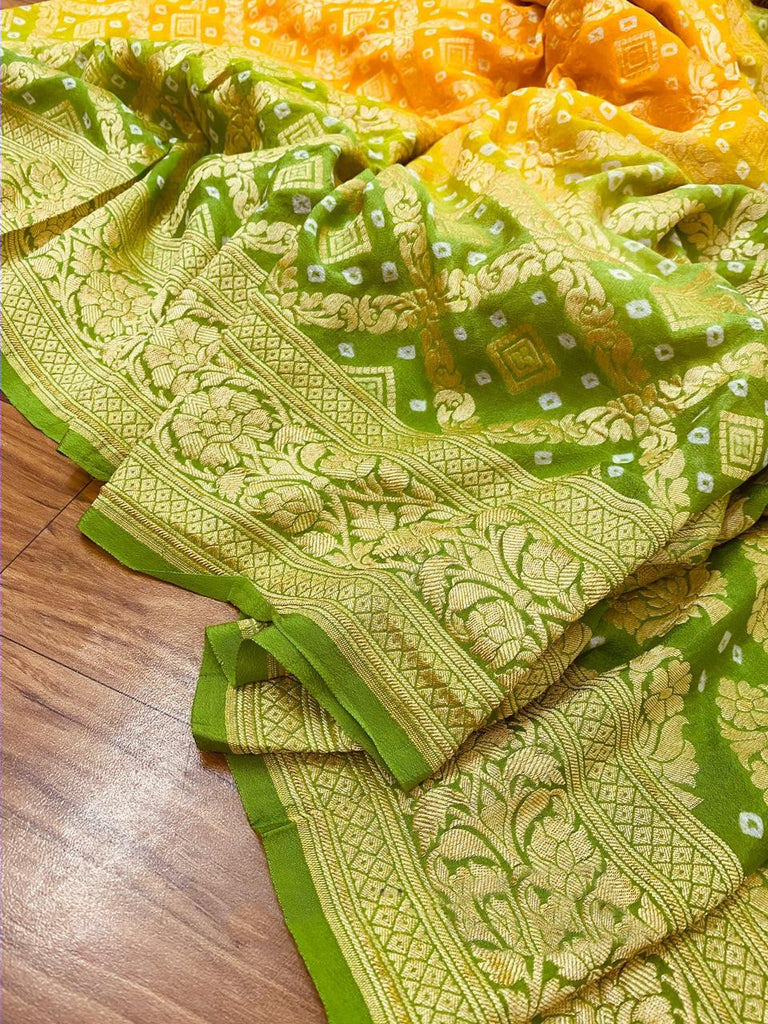 Zynah Khaddi Georgette Saree with Bandhani Prints, Antique Zari Weave; Custom Stitched/Ready-made Blouse, Fall, Petticoat; Shipping available USA, Worldwide