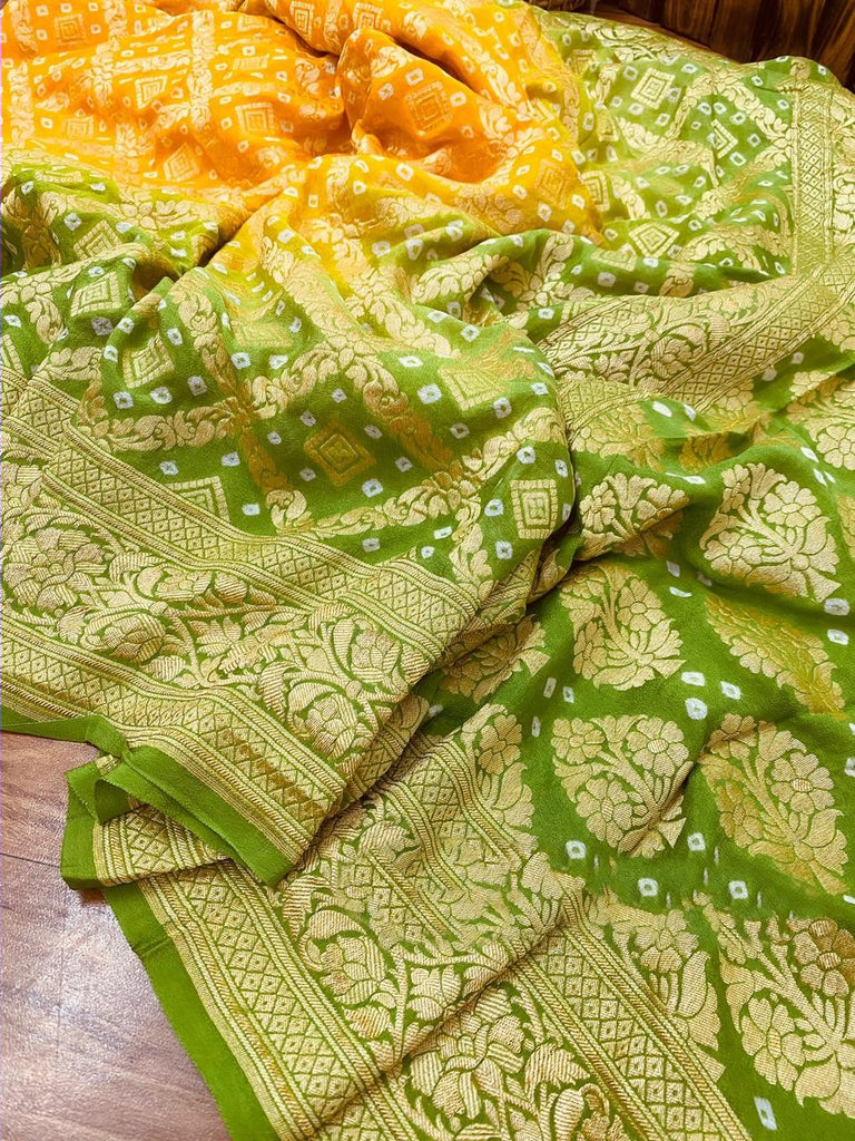 Zynah Khaddi Georgette Saree with Bandhani Prints, Antique Zari Weave; Custom Stitched/Ready-made Blouse, Fall, Petticoat; Shipping available USA, Worldwide
