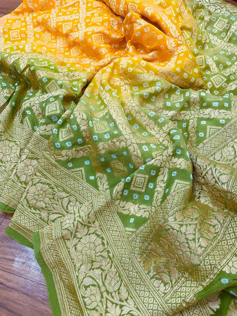 Zynah Khaddi Georgette Saree with Bandhani Prints, Antique Zari Weave; Custom Stitched/Ready-made Blouse, Fall, Petticoat; Shipping available USA, Worldwide