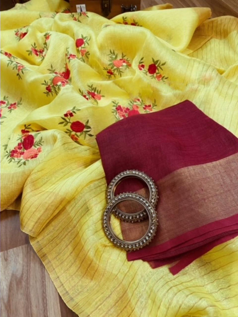 Zynah Pure Linen Silk Saree with Embroidery; Custom Stitched/Ready-made Blouse, Fall, Petticoat; Shipping available USA, Worldwide