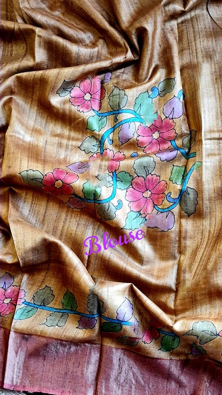 Zynah Pure Tussar Silk Saree with Hand-painted Kalamkari Design; Custom Stitched/Ready-made Blouse, Fall, Petticoat; Shipping available USA, Worldwide