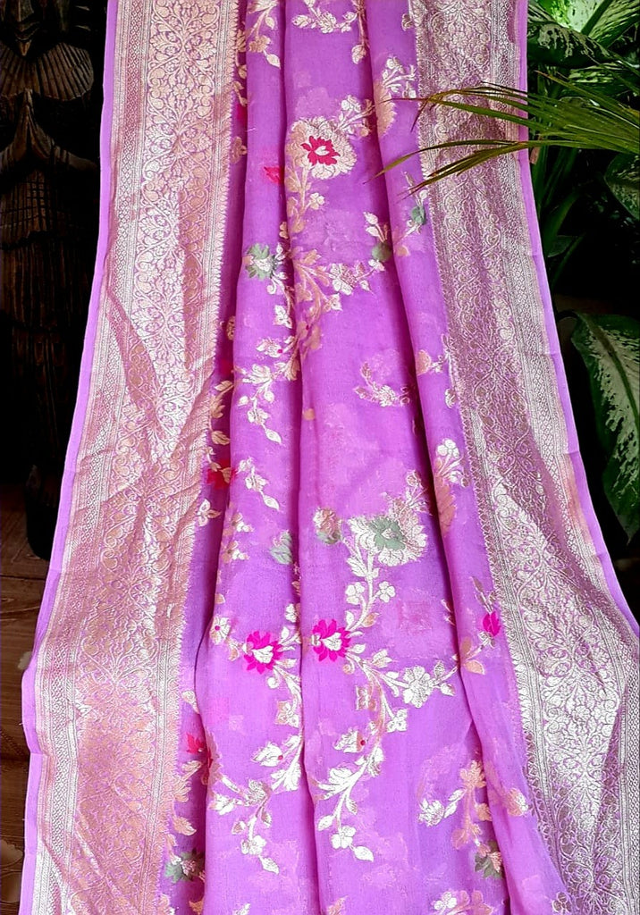 Zynah Pure Khaddi Georgette Banarasi Saree with Golden Zari and Meenakari Weaved Motifs; Custom Stitched/Ready-made Blouse, Fall, Petticoat; Shipping available USA, Worldwide