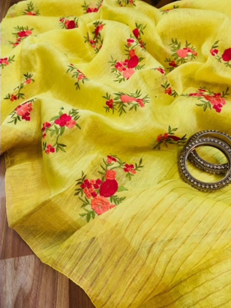 Zynah Pure Linen Silk Saree with Embroidery; Custom Stitched/Ready-made Blouse, Fall, Petticoat; Shipping available USA, Worldwide