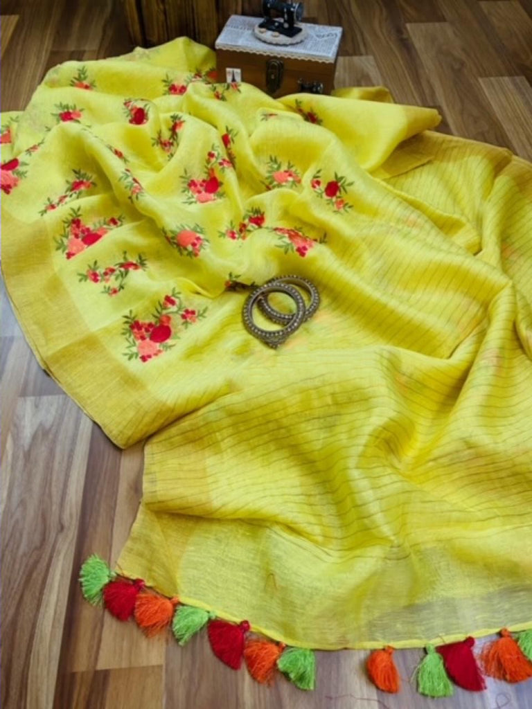 Zynah Pure Linen Silk Saree with Embroidery; Custom Stitched/Ready-made Blouse, Fall, Petticoat; Shipping available USA, Worldwide