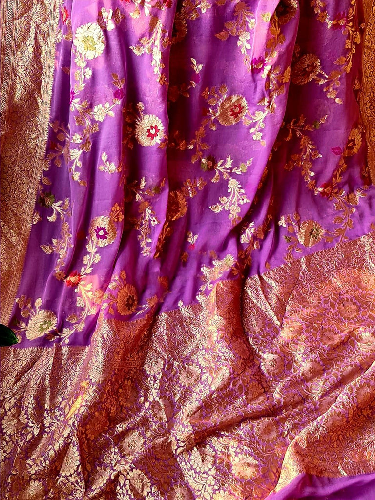 Zynah Pure Khaddi Georgette Banarasi Saree with Golden Zari and Meenakari Weaved Motifs; Custom Stitched/Ready-made Blouse, Fall, Petticoat; Shipping available USA, Worldwide
