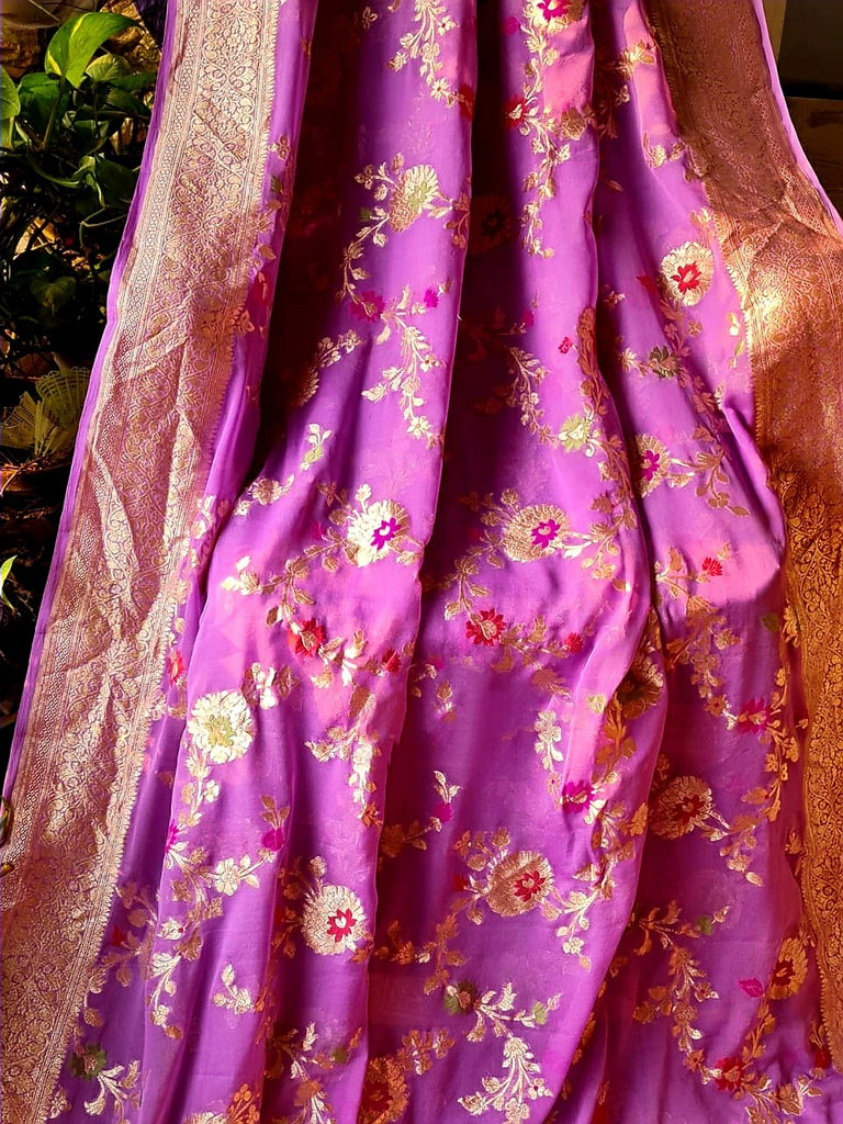 Zynah Pure Khaddi Georgette Banarasi Saree with Golden Zari and Meenakari Weaved Motifs; Custom Stitched/Ready-made Blouse, Fall, Petticoat; Shipping available USA, Worldwide