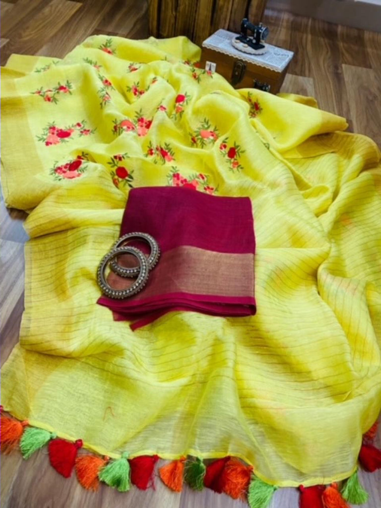 Zynah Pure Linen Silk Saree with Embroidery; Custom Stitched/Ready-made Blouse, Fall, Petticoat; Shipping available USA, Worldwide