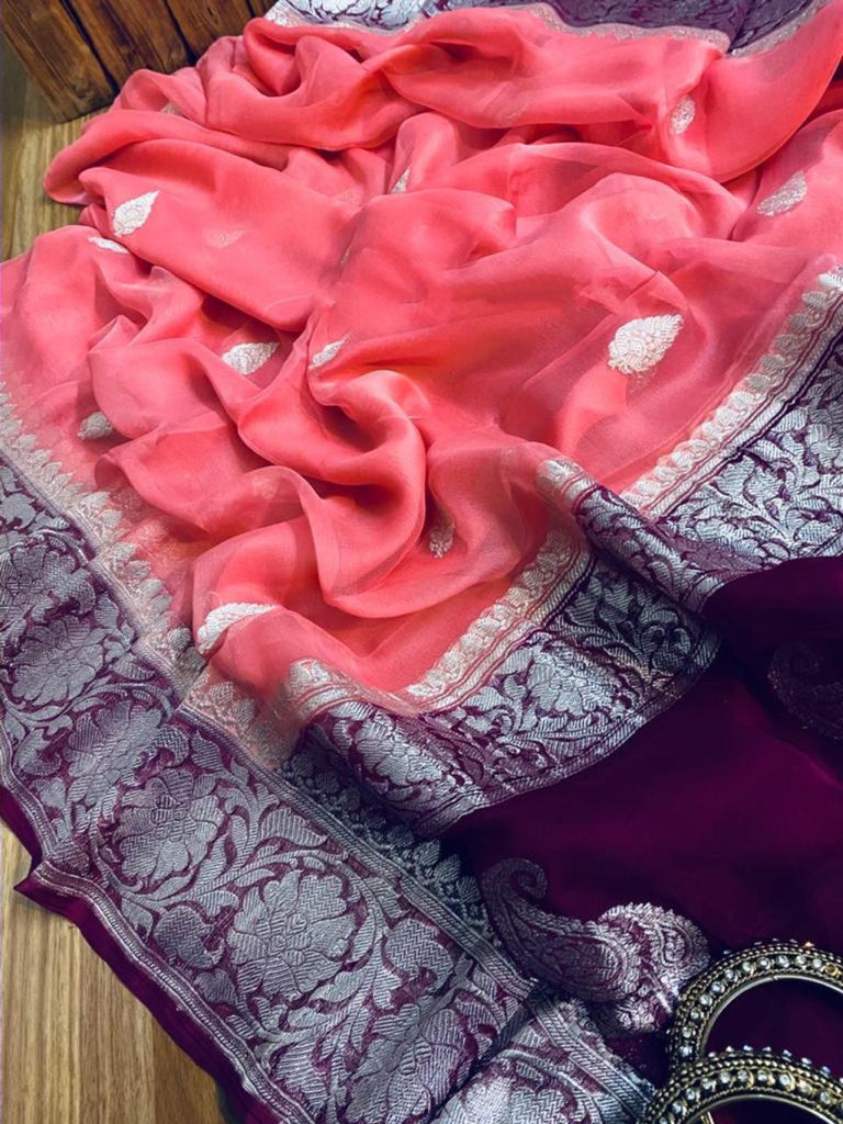 Zynah Pure Banarasi Handloom Khaddi Georgette Saree with Zari Border & Butis; Custom Stitched/Ready-made Blouse, Fall, Petticoat; Shipping available USA, Worldwide