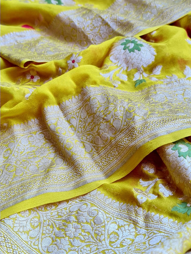 Zynah Pure Khaddi Georgette Banarasi Saree with Golden Zari and Meenakari Weaved Motifs; Custom Stitched/Ready-made Blouse, Fall, Petticoat; Shipping available USA, Worldwide