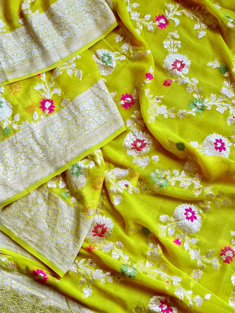 Zynah Pure Khaddi Georgette Banarasi Saree with Golden Zari and Meenakari Weaved Motifs; Custom Stitched/Ready-made Blouse, Fall, Petticoat; Shipping available USA, Worldwide