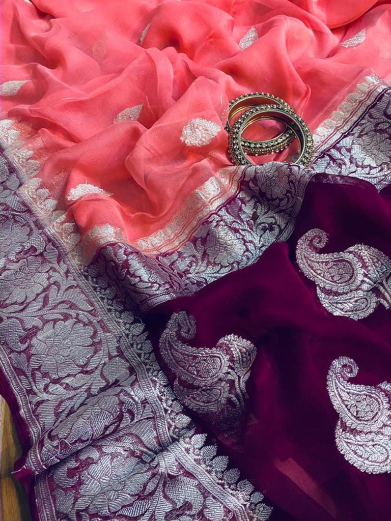 Zynah Pure Banarasi Handloom Khaddi Georgette Saree with Zari Border & Butis; Custom Stitched/Ready-made Blouse, Fall, Petticoat; Shipping available USA, Worldwide