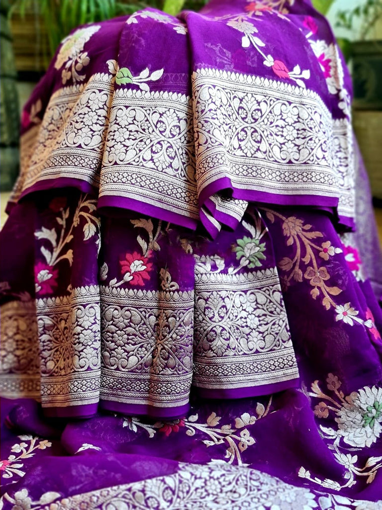 Zynah Pure Khaddi Georgette Banarasi Saree with Golden Zari & Meenakari Weaved Motifs; Custom Stitched/Ready-made Blouse, Fall, Petticoat; Shipping available USA, Worldwide