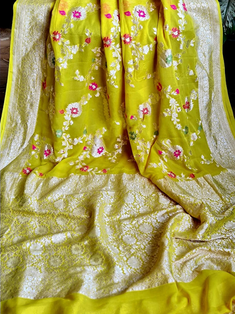 Zynah Pure Khaddi Georgette Banarasi Saree with Golden Zari and Meenakari Weaved Motifs; Custom Stitched/Ready-made Blouse, Fall, Petticoat; Shipping available USA, Worldwide