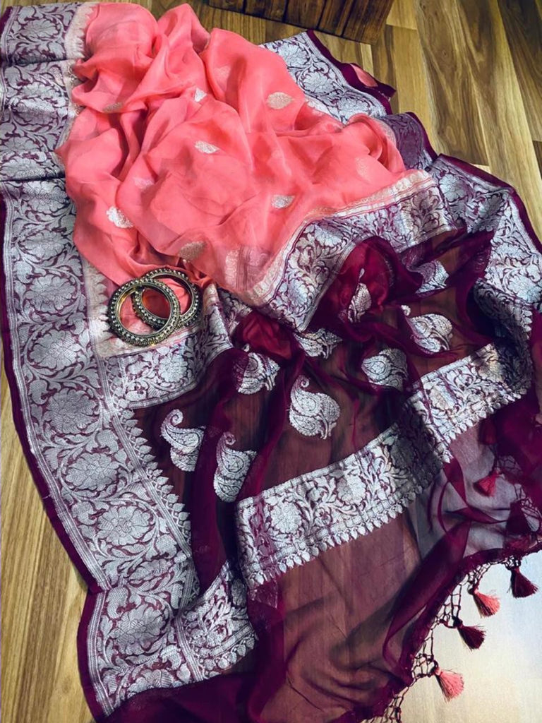 Zynah Pure Banarasi Handloom Khaddi Georgette Saree with Zari Border & Butis; Custom Stitched/Ready-made Blouse, Fall, Petticoat; Shipping available USA, Worldwide
