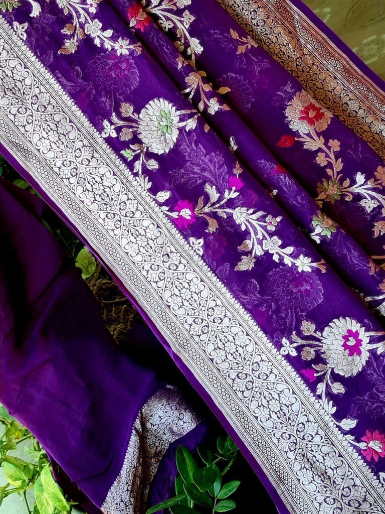 Zynah Pure Khaddi Georgette Banarasi Saree with Golden Zari & Meenakari Weaved Motifs; Custom Stitched/Ready-made Blouse, Fall, Petticoat; Shipping available USA, Worldwide
