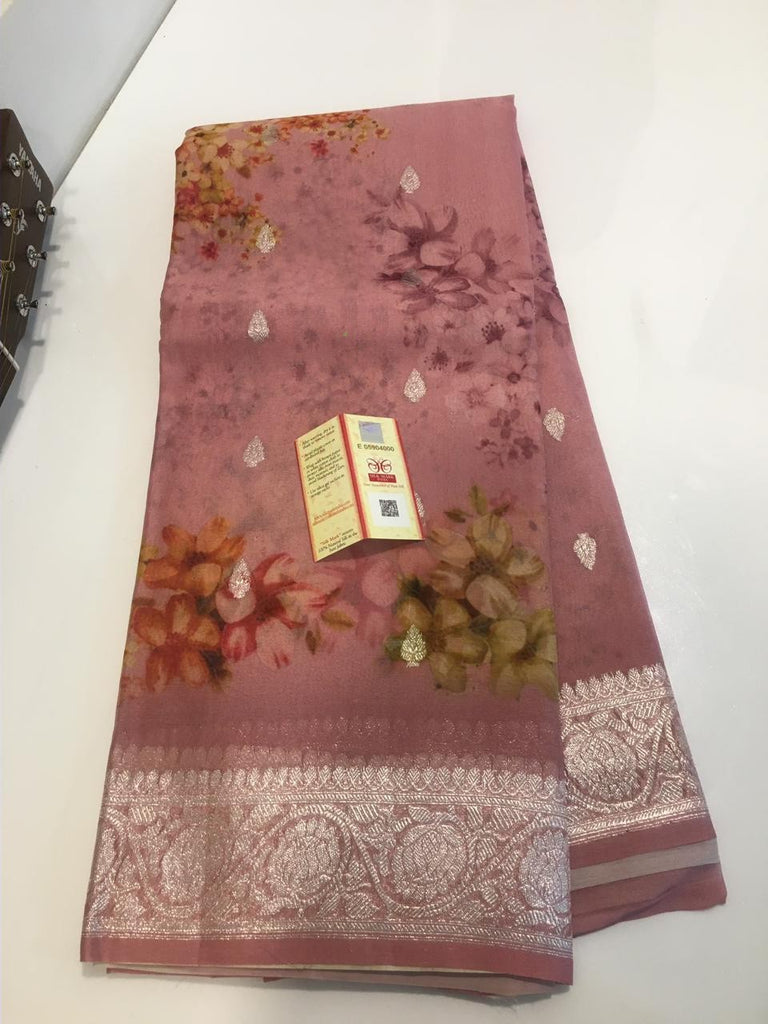 Zynah Pure Khaddi Chiffon Saree with Floral Prints & Silver Zari Weave; Custom Stitched/Ready-made Blouse, Fall, Petticoat; Shipping available USA, Worldwide