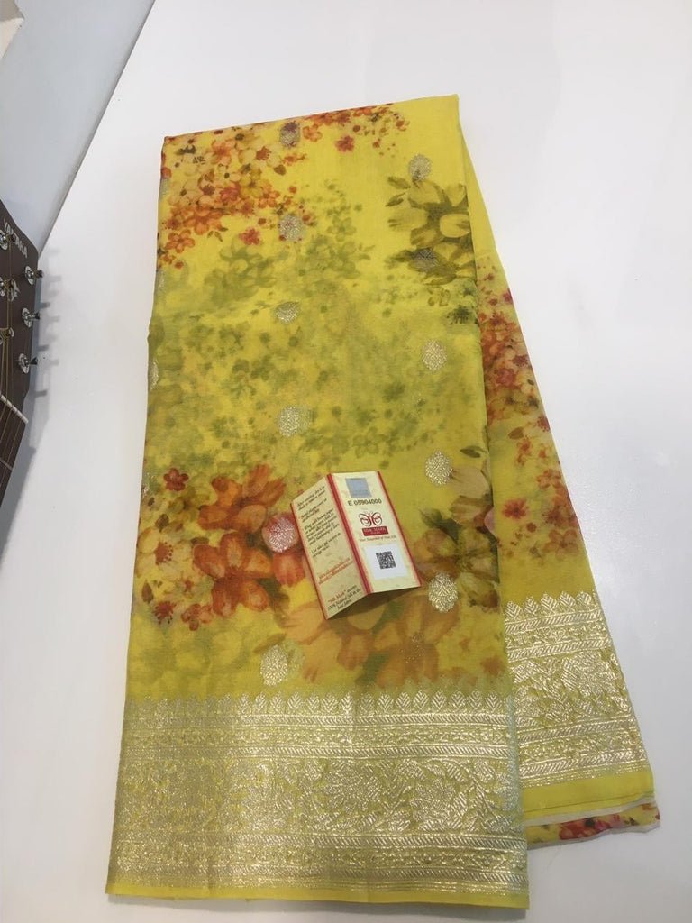 Zynah Pure Khaddi Chiffon Saree with Floral Prints & Silver Zari Weave; Custom Stitched/Ready-made Blouse, Fall, Petticoat; Shipping available USA, Worldwide