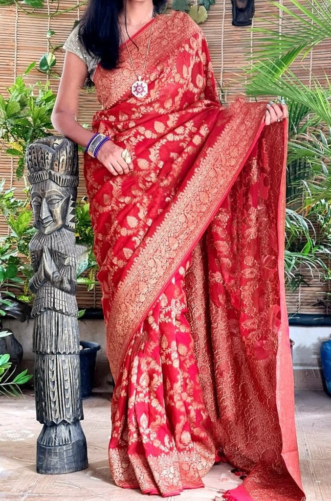 Zynah Pure Banarasi Woven Khaddi Georgette Saree; Custom Stitched/Ready-made Blouse, Fall, Petticoat; Shipping available USA, Worldwide