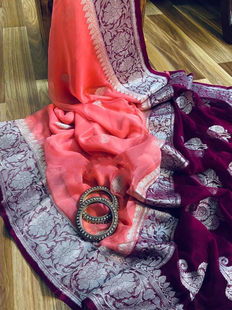 Zynah Pure Banarasi Handloom Khaddi Georgette Saree with Zari Border & Butis; Custom Stitched/Ready-made Blouse, Fall, Petticoat; Shipping available USA, Worldwide