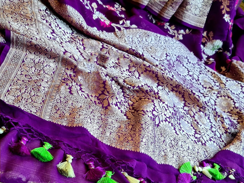 Zynah Pure Khaddi Georgette Banarasi Saree with Golden Zari & Meenakari Weaved Motifs; Custom Stitched/Ready-made Blouse, Fall, Petticoat; Shipping available USA, Worldwide
