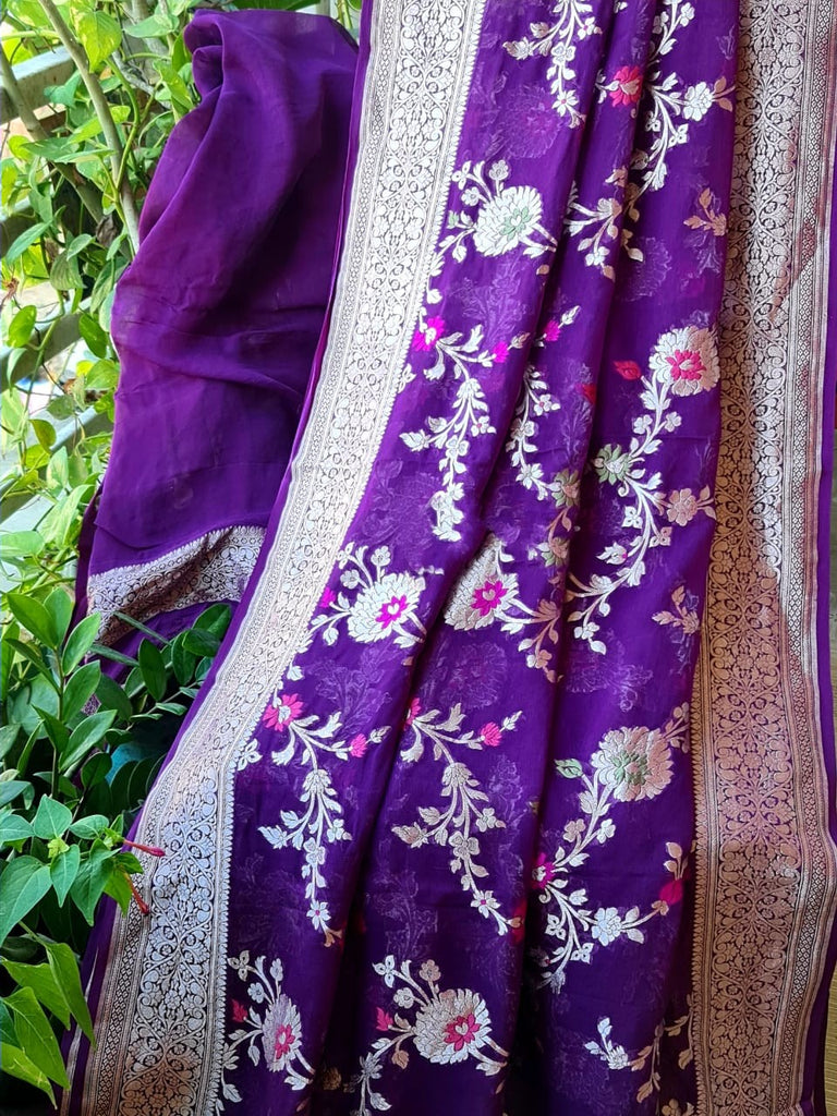 Zynah Pure Khaddi Georgette Banarasi Saree with Golden Zari & Meenakari Weaved Motifs; Custom Stitched/Ready-made Blouse, Fall, Petticoat; Shipping available USA, Worldwide