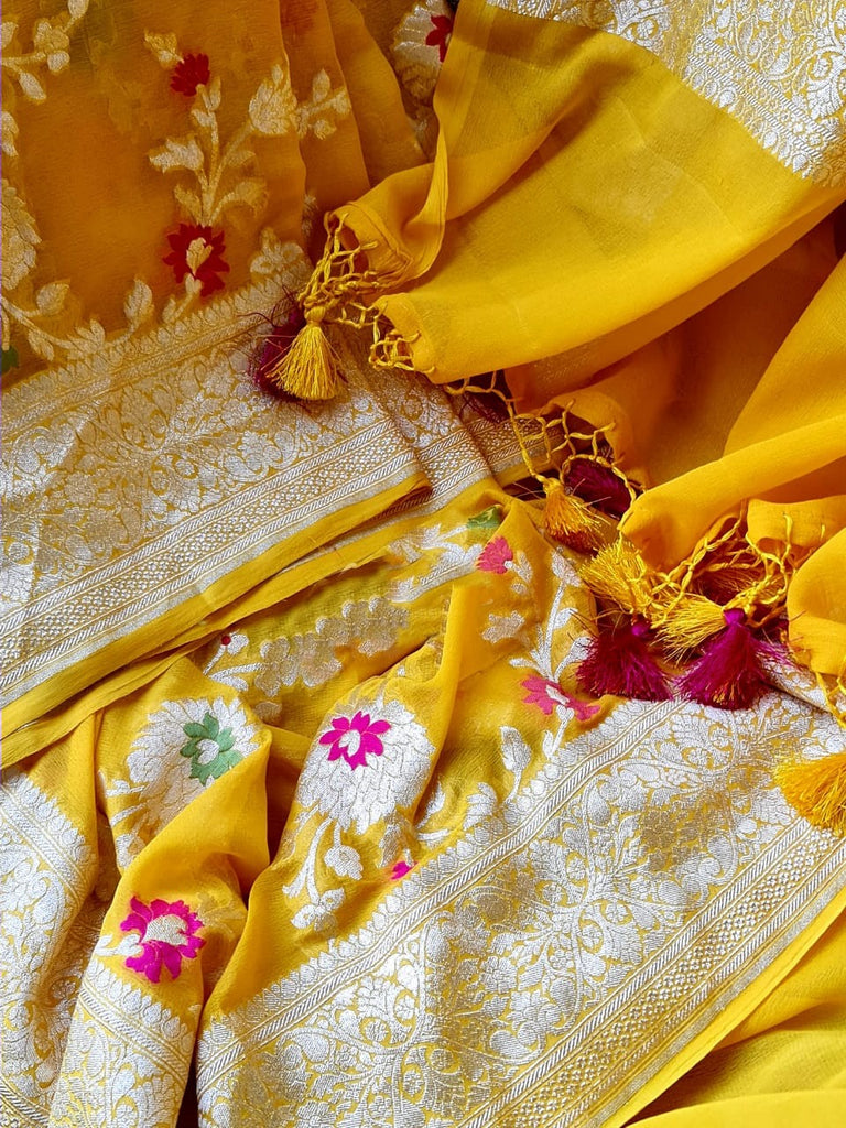 Zynah Pure Khaddi Georgette Banarasi Saree with Golden Zari & Meenakari Weave Motifs; Custom Stitched/Ready-made Blouse, Fall, Petticoat; Shipping available USA, Worldwide