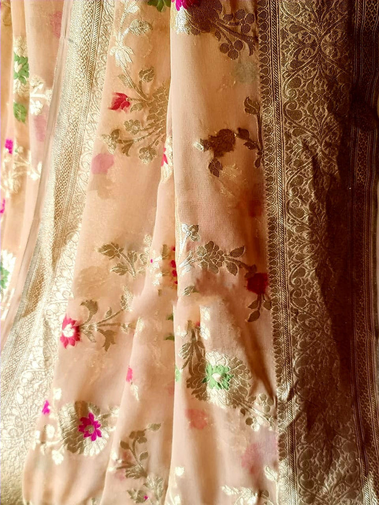 Zynah Pure Khaddi Georgette Banarasi Saree with Golden Zari and Meenakari Weaved Motifs; Custom Stitched/Ready-made Blouse, Fall, Petticoat; Shipping available USA, Worldwide