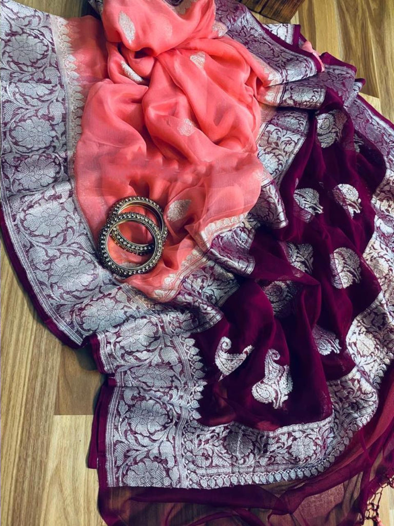 Zynah Pure Banarasi Handloom Khaddi Georgette Saree with Zari Border & Butis; Custom Stitched/Ready-made Blouse, Fall, Petticoat; Shipping available USA, Worldwide