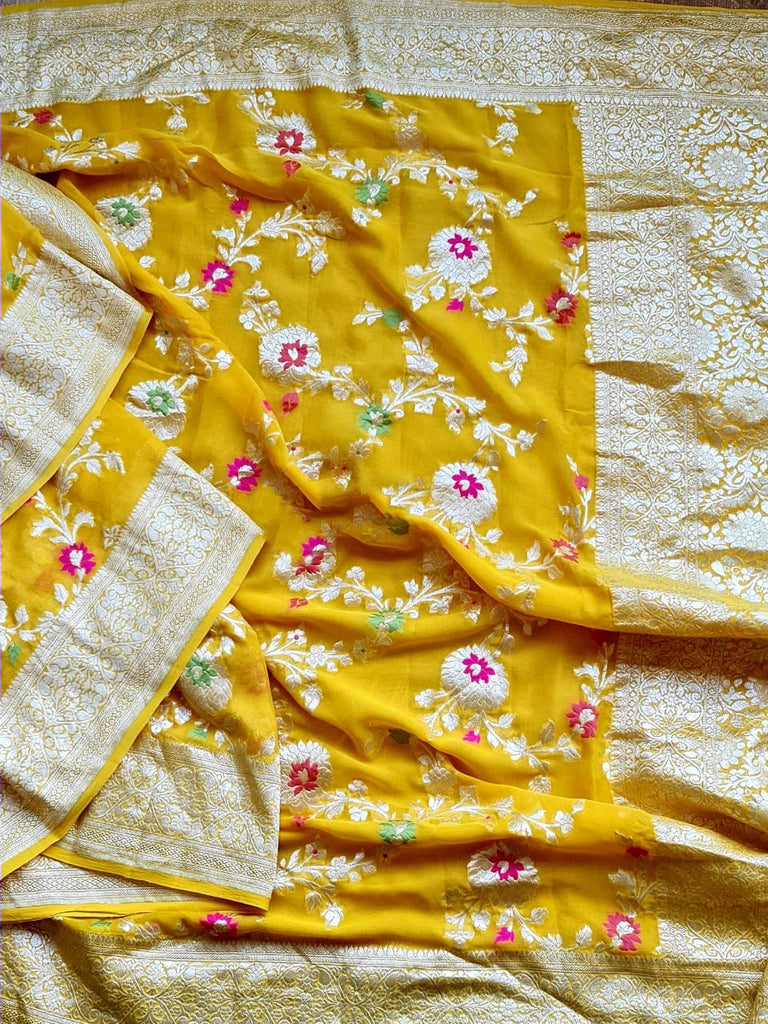 Zynah Pure Khaddi Georgette Banarasi Saree with Golden Zari & Meenakari Weave Motifs; Custom Stitched/Ready-made Blouse, Fall, Petticoat; Shipping available USA, Worldwide