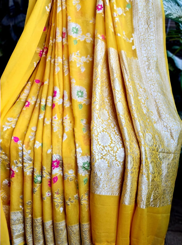 Zynah Pure Khaddi Georgette Banarasi Saree with Golden Zari & Meenakari Weave Motifs; Custom Stitched/Ready-made Blouse, Fall, Petticoat; Shipping available USA, Worldwide