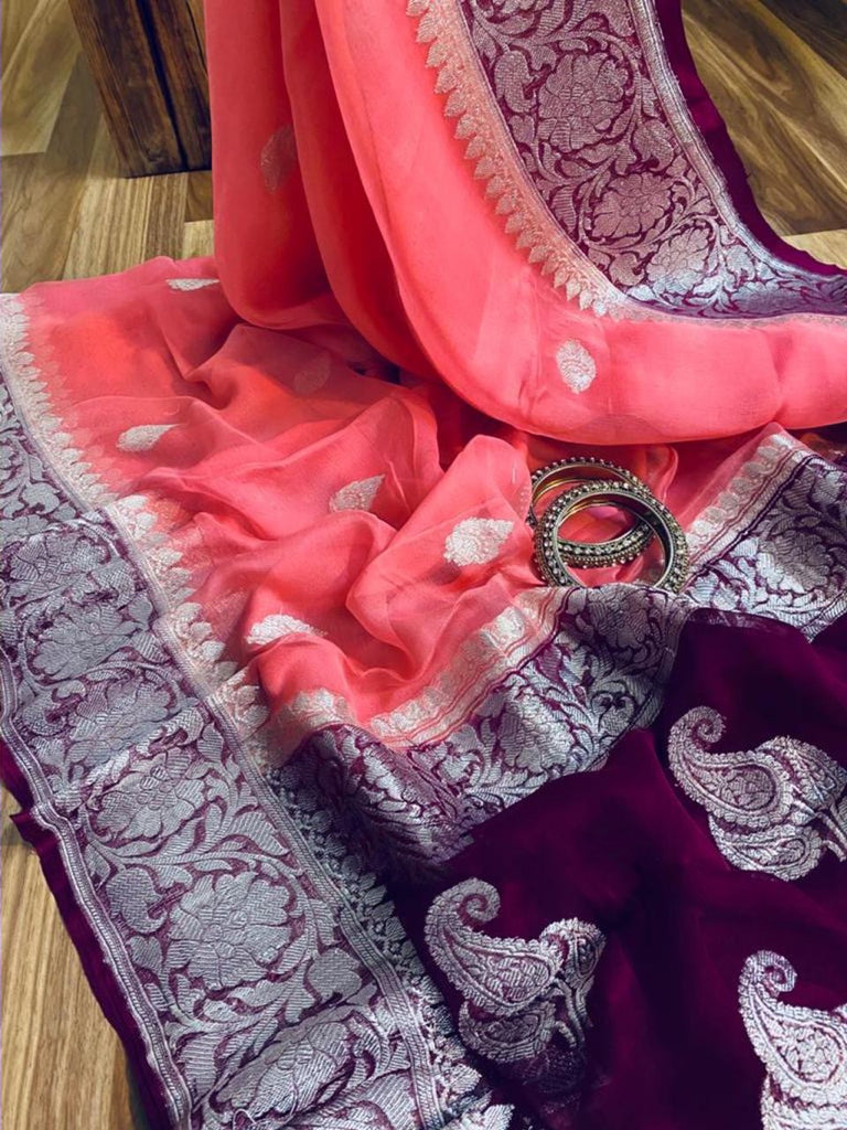 Zynah Pure Banarasi Handloom Khaddi Georgette Saree with Zari Border & Butis; Custom Stitched/Ready-made Blouse, Fall, Petticoat; Shipping available USA, Worldwide