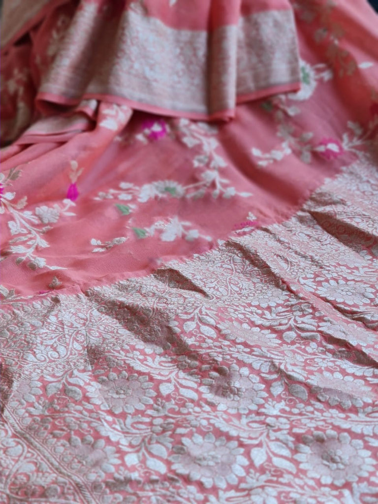 Zynah Pure Khaddi Georgette Banarasi Saree with Golden Zari & Meenakari Weaved Motifs; Custom Stitched/Ready-made Blouse, Fall, Petticoat; Shipping available USA, Worldwide
